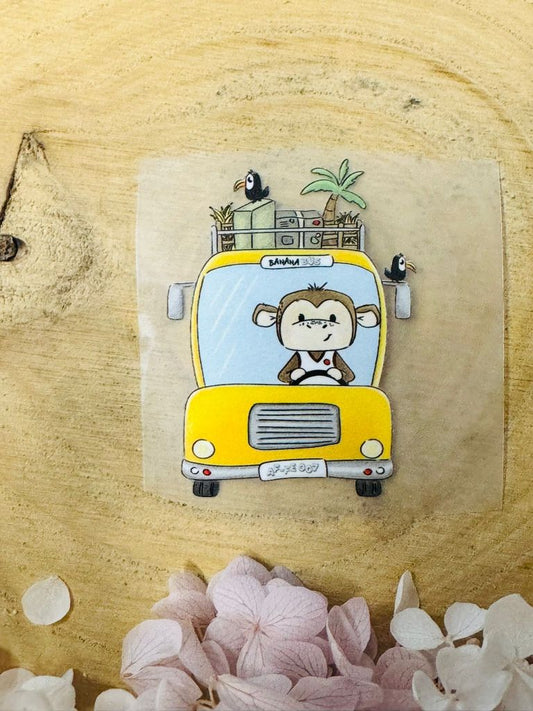 tolles Bügelbild aus der Growi Kollektion mit einem kleinen Äffchen im gelben Reiseauto