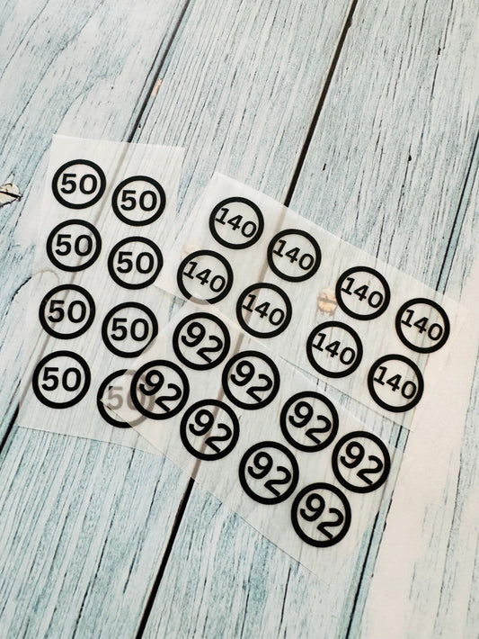 Bügellabel Größenetiketten mit jeweils 8 runden Größenangaben darauf