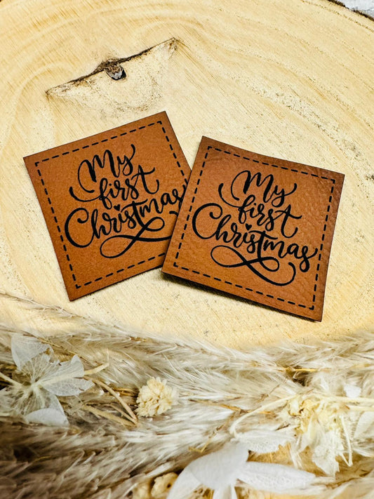 braunes christmas kunstlederlabelmit dem spruch my first christmas