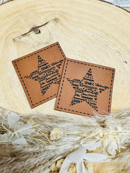 braunes christmas kunstlederlabel mit einem weihnachtstern aus sprüchen abgebildet