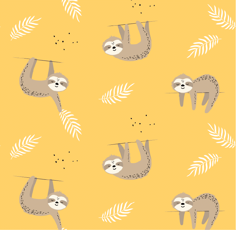 wunderschöner Jersey Stoff im Growi Design mit kleinen braunen hängenden Faultierchen auf gelbem Farbhintergrund
