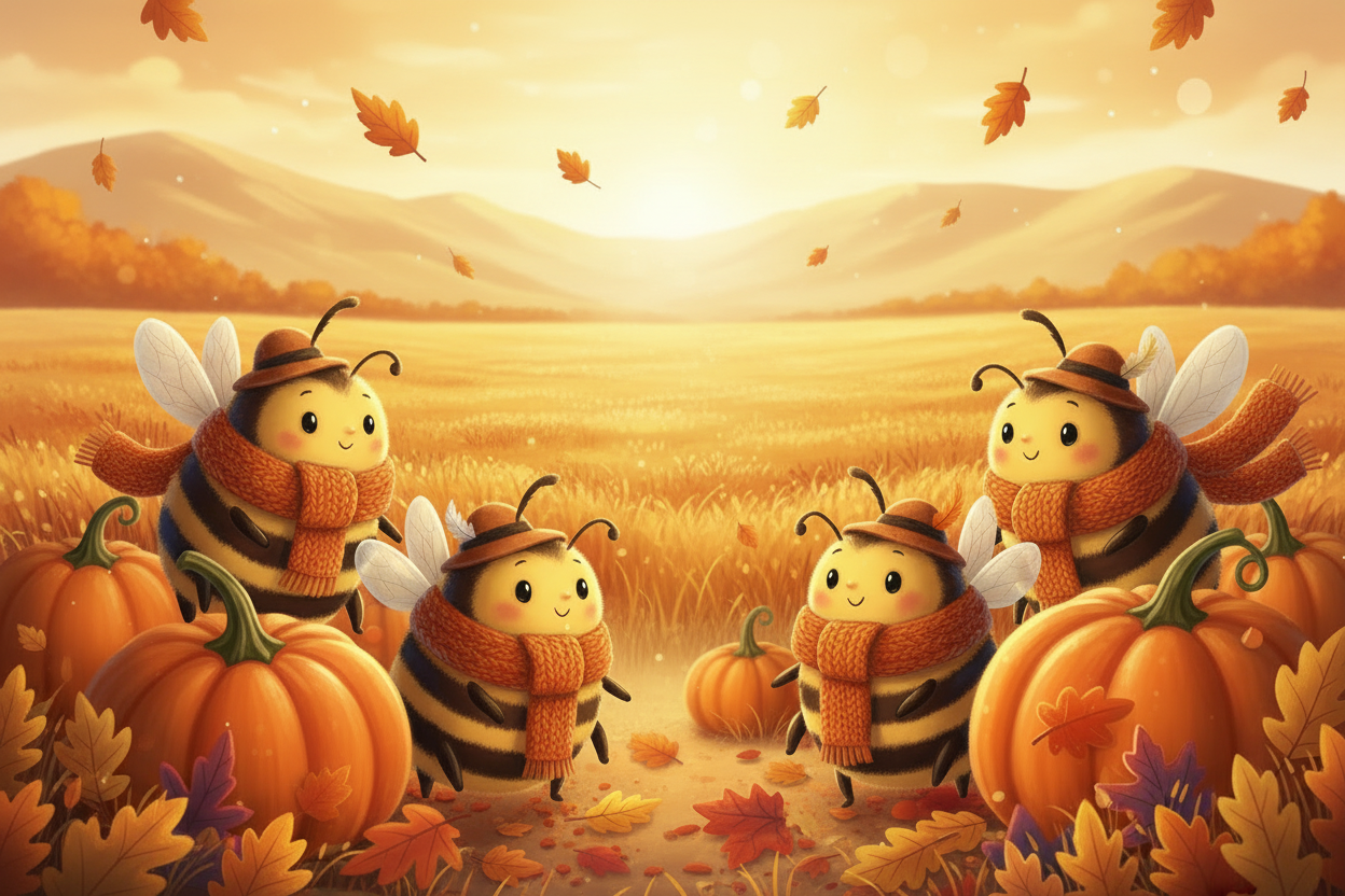 Herbst-Bienenkinder auf Kürbissen mit Berglandschaft
