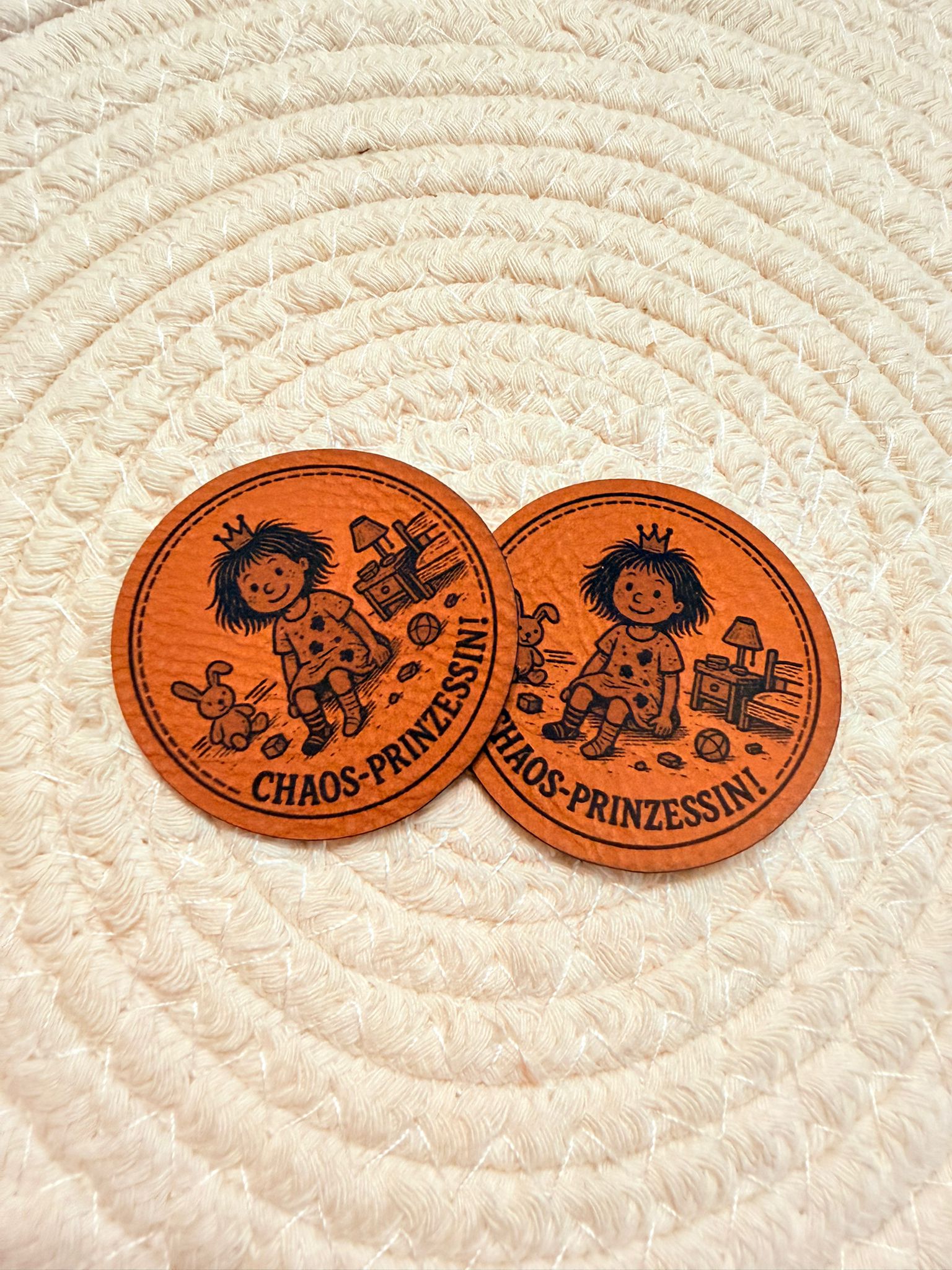 superweiches rundes braunes Kunstlederlabel mit dem Spruch Chaos Prinzessin und einem kleinen Mädchen inmitten seiner Spielzeug Welt sitzend