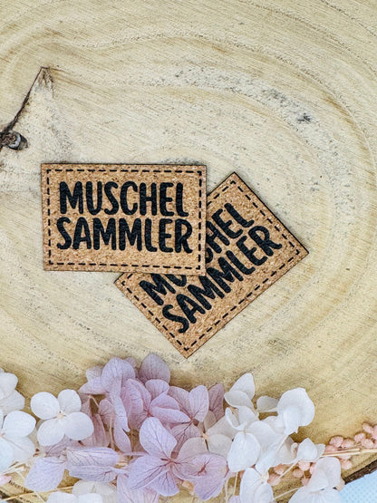 superweiches Kunstlederlabel in Kork Optik mit dem Spruch MuschelSammler