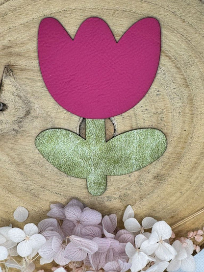 superweiches zweiteiliges Kunstlederlabel in Form einer Tulpe Stängel Hellgrün Blüte violett