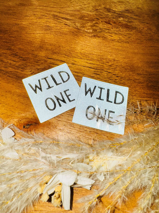 silber graues reflektierendes Kunstlederlabel mit dem Spruch Wild One unter Beleuchtung fotografiert