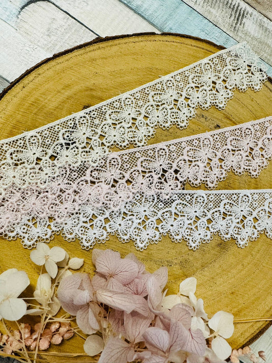 zauberhafte Spitze aus hochwertiger Baumwolle in Schmetterlingsform in den Farben weiss beige und rosa.