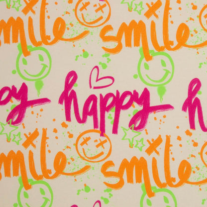 toller Kuschelsweat Stoff mit dem Motiv Happy Smile in Neonfarben auf hellem Untergrund