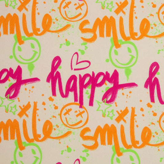 toller Kuschelsweat Stoff mit dem Motiv Happy Smile in Neonfarben auf hellem Untergrund