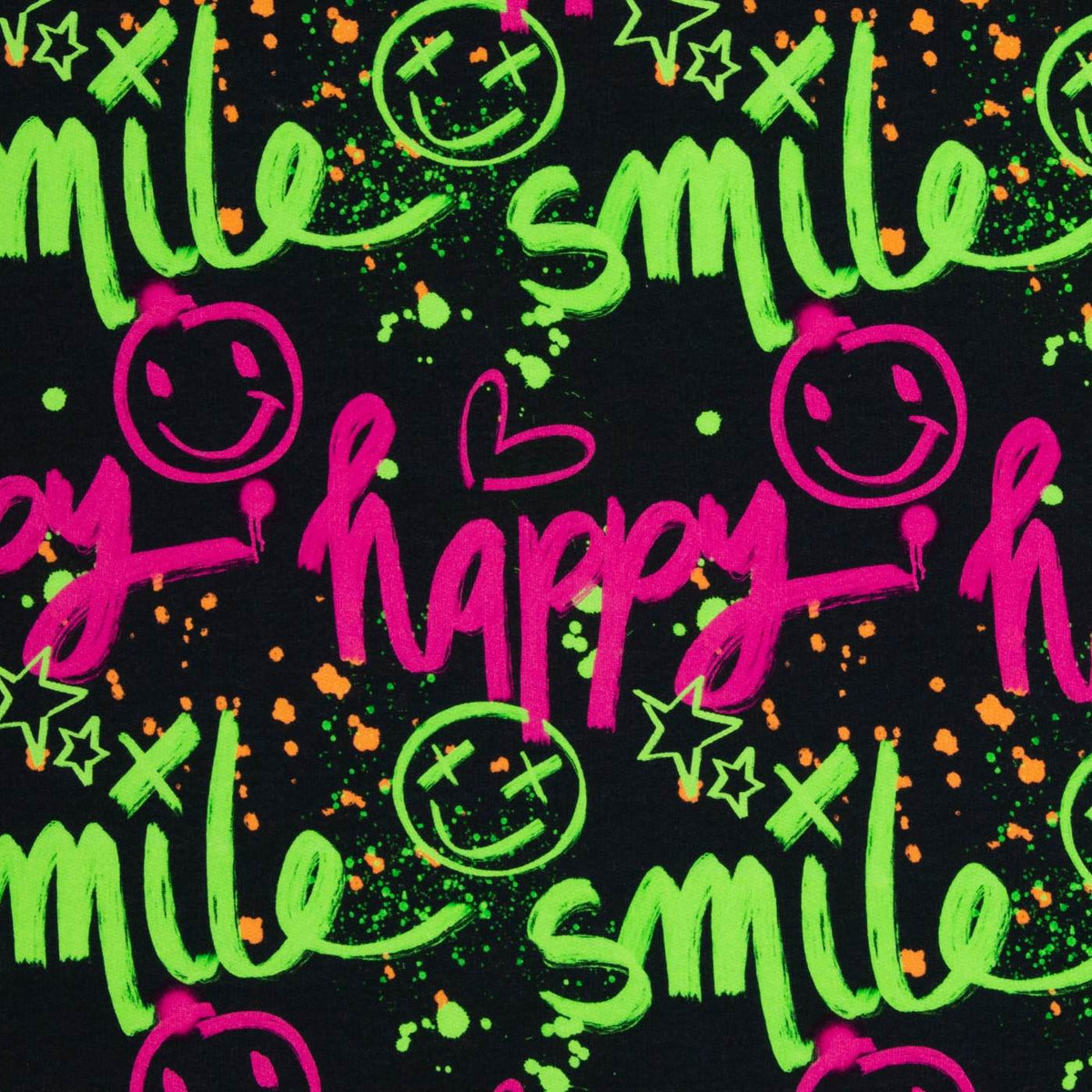 toller Kuschelsweat Stoff mit dem Motiv Happy Smile in Neonfarben auf schwarzem Untergrund