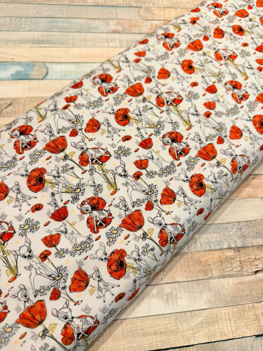 schöner Jersey Stoff mit Motiv Mohnblumen Bambi auf hellem Untergrund