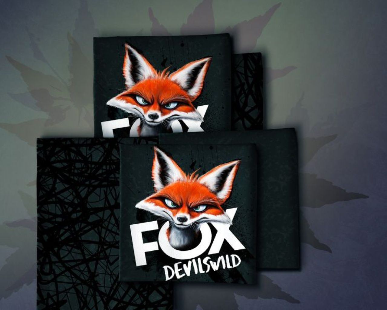 schöner neuer Stoff mit dem Motiv Fox Devilswild in Petrol schwarz und einem kleinen Fuchs abgebildet