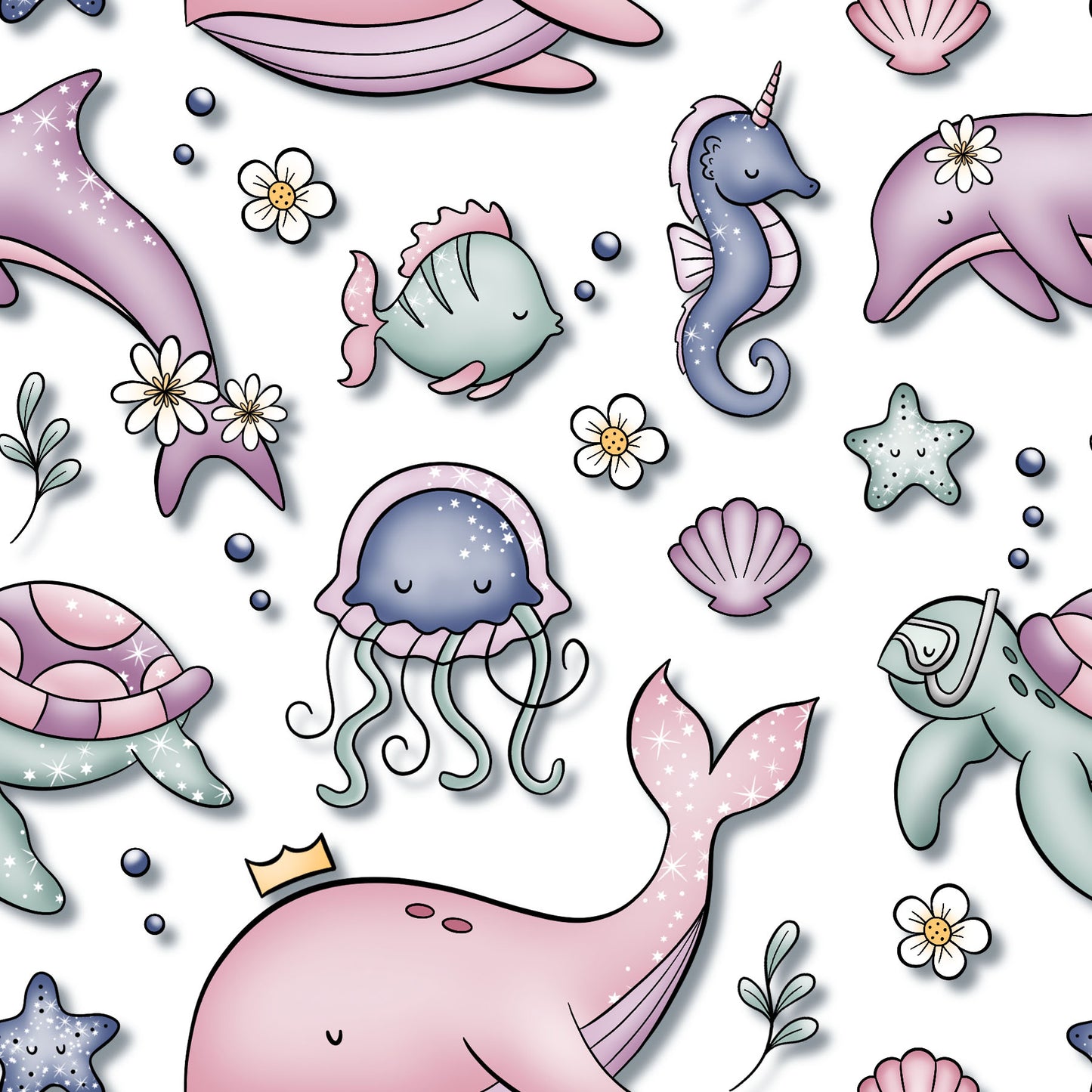 schöner Stoff mit kleinen Ocean Animals auf weissem Untergrund