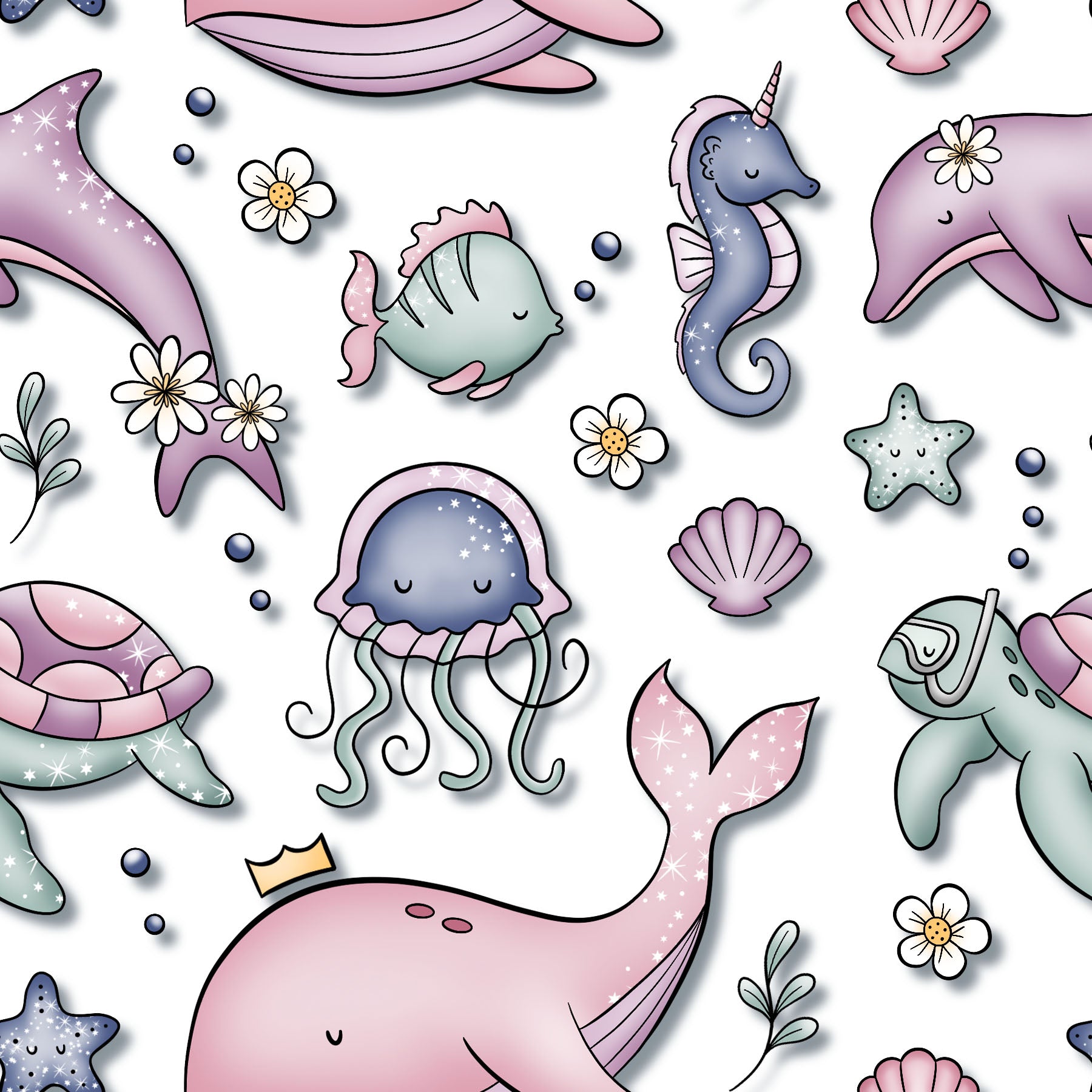 schöner Stoff mit kleinen Ocean Animals auf weissem Untergrund