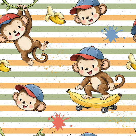 schöner Stoff mit kleinen auf einer Banane skatenden Äffchen