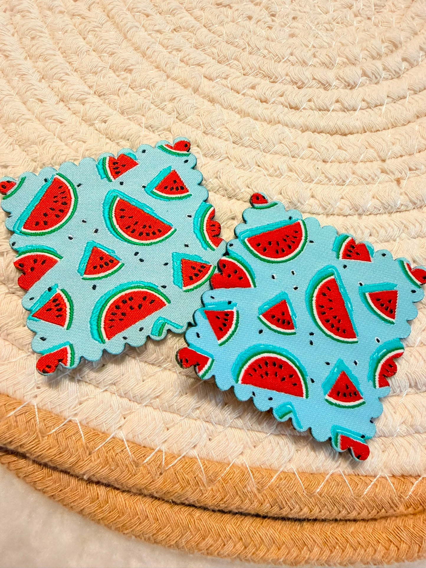 tolles XXL Weblabel zum Aufbügeln mit Melonen Motiven auf blauem Untergrund